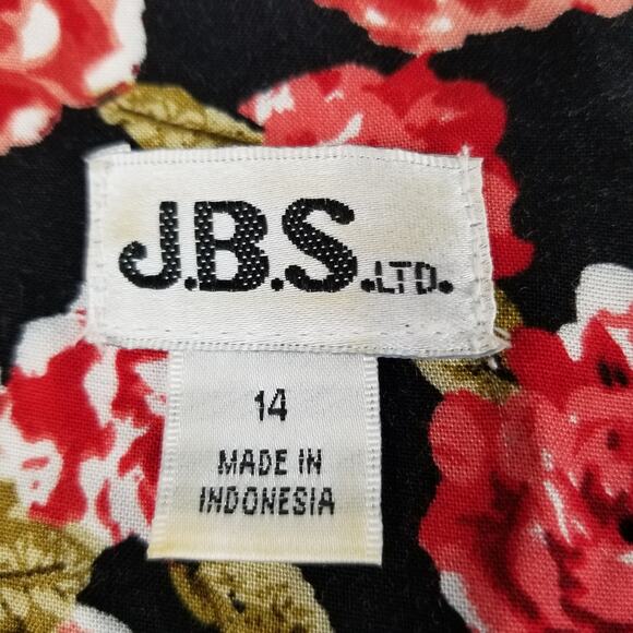 J.B.S Ltd Red Black Green Floral Tie Waist Vintage Midi Dress Very Good Size 12 - Picture 4 of 4